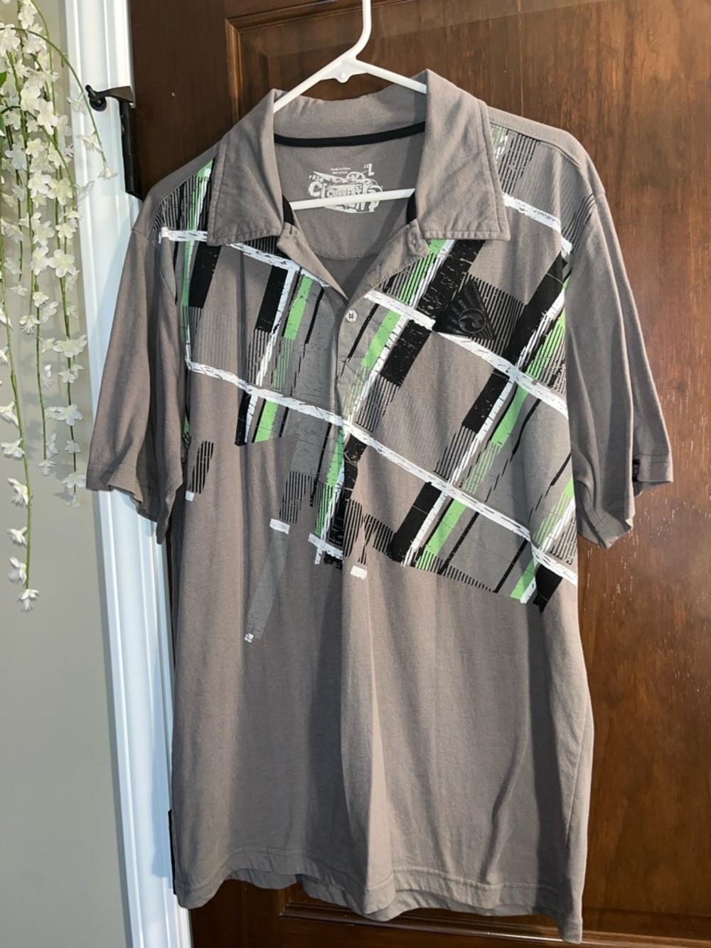 Ocean Current Gray Polo with Green, Black and White Graphic Stripes